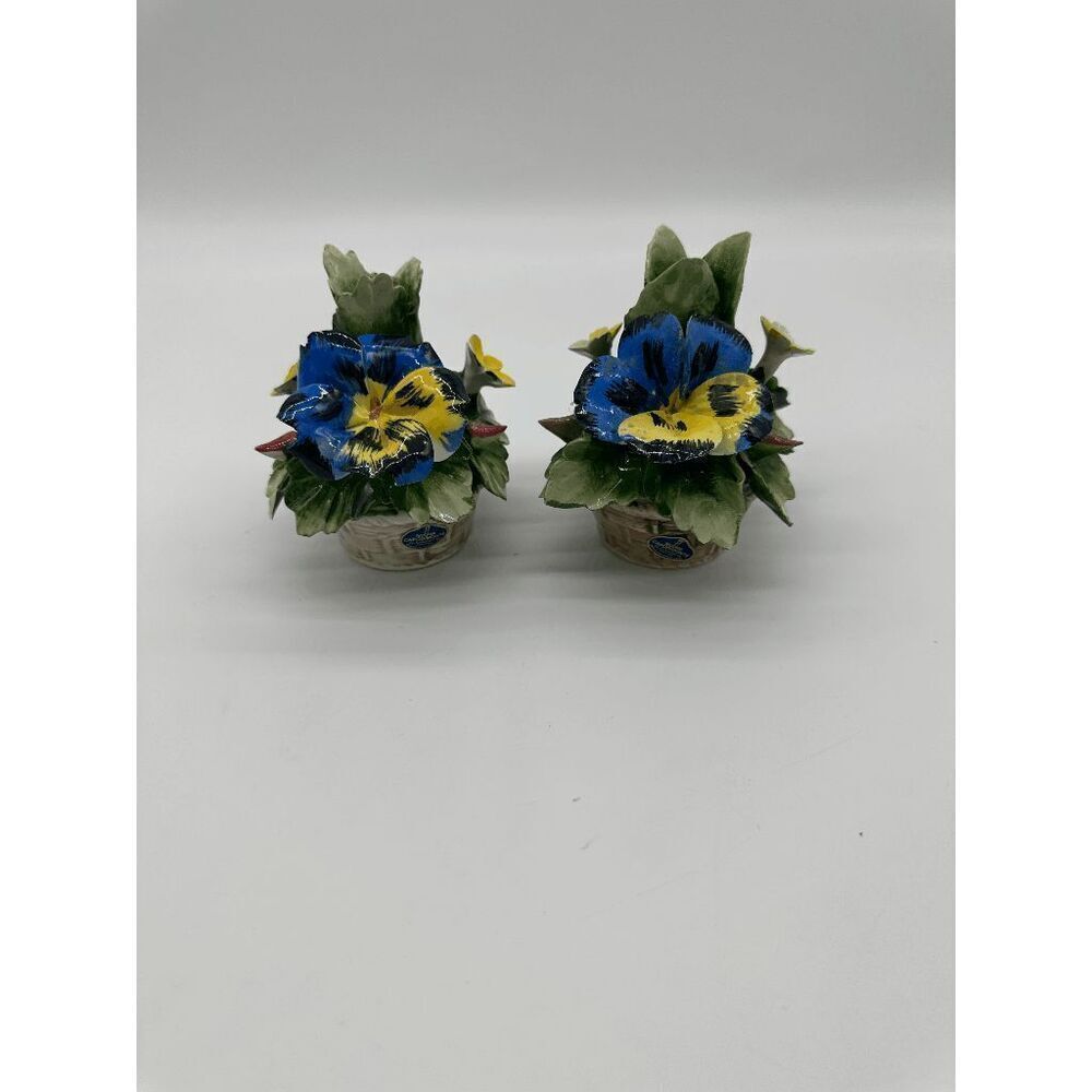 Capodimonte Candle Holder Set of Two Flowers in Basket Hand Painted Vintage